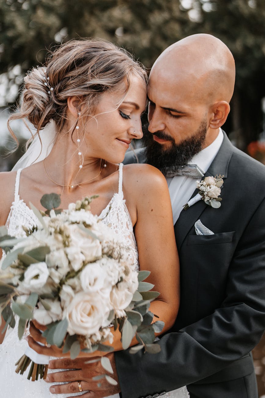Charming couple sharing an intimate moment on their wedding day.